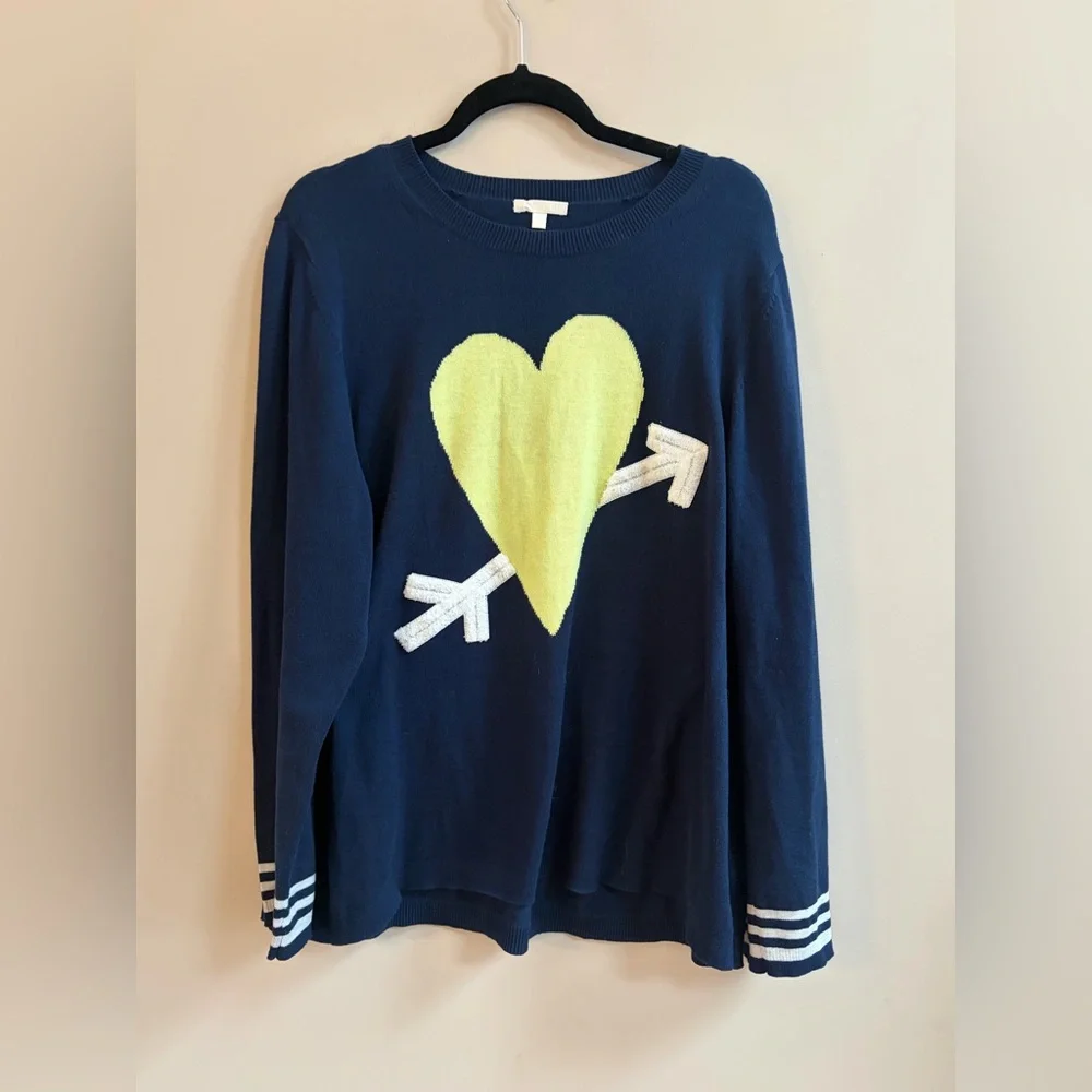 Lisa Todd Heart Throb Navy Lime Green Heart Long Sleeve Cotton Sweater Top